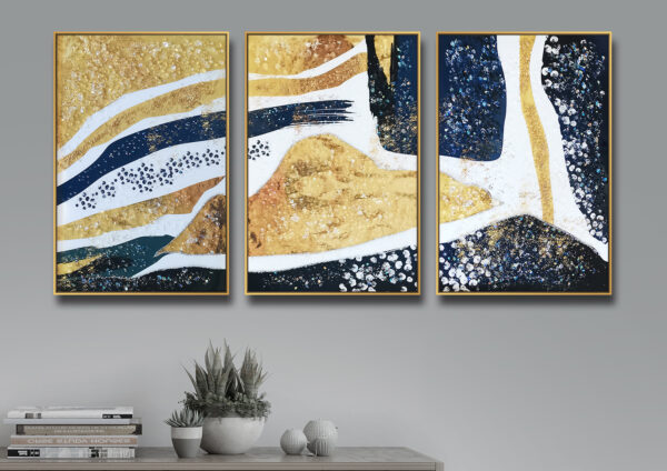 Black golden abstract crystal painting - set of 3