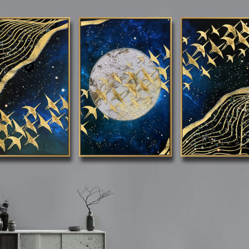 Abstract moon birds crystal painting - set of 3