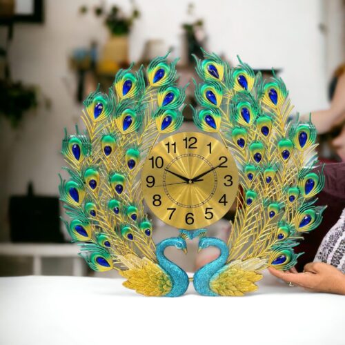 3D Multicolour Double Peacock Metal Wall Clock