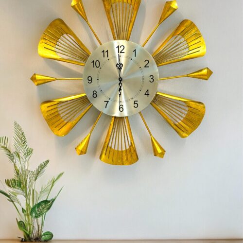 Golden Floral Metal Wall Clock Art for Living Room
