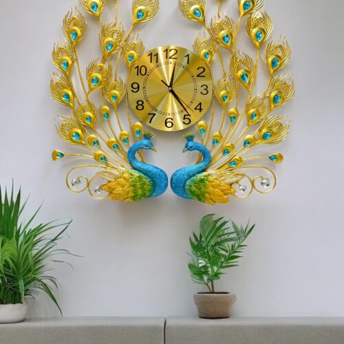 Dual Peacock Metal Wall Clock Art